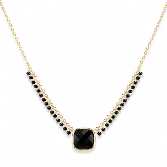 14k Black Spinel & Black Onyx Cushion Center Cluster Necklace