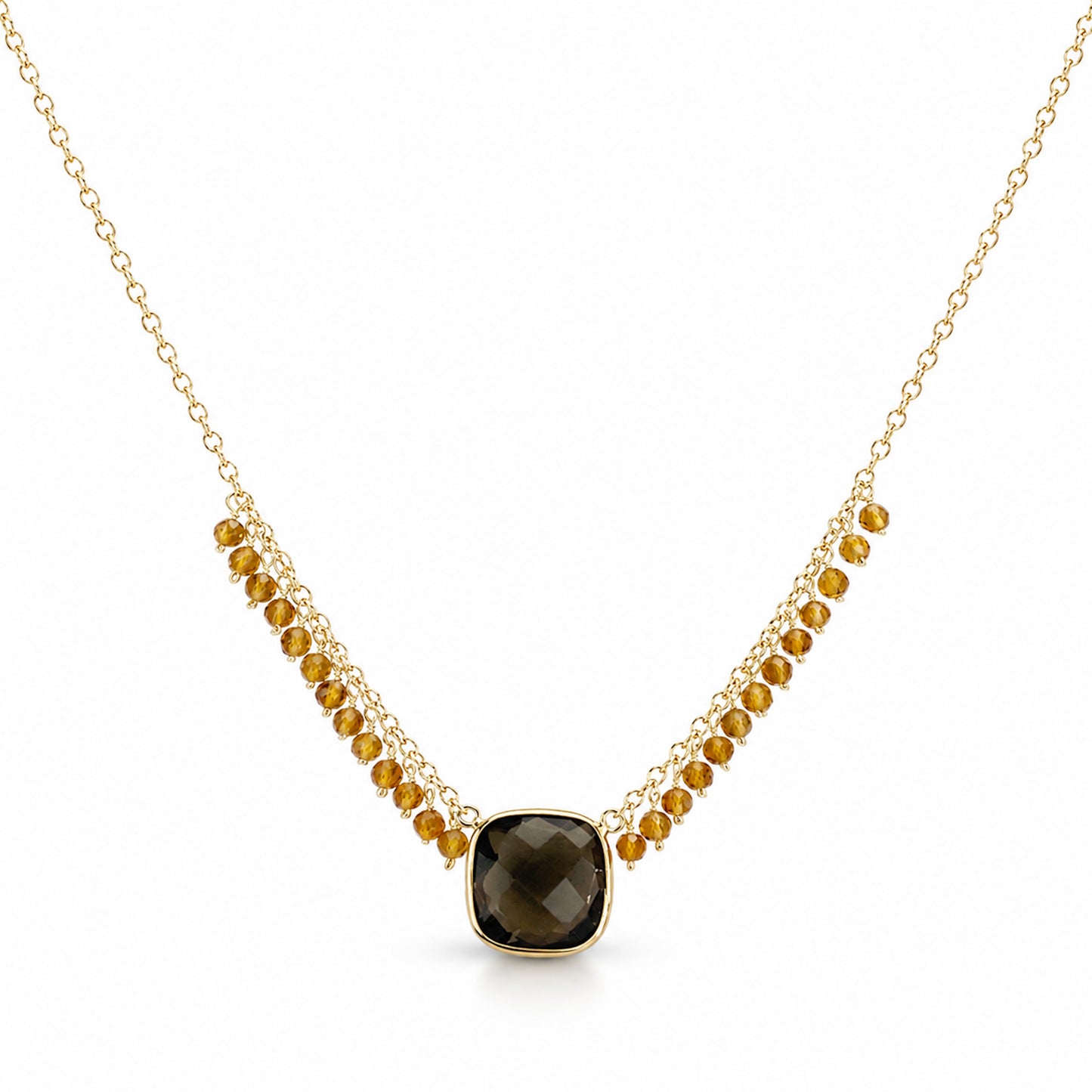 14k Citrine & Smoky Quartz Cushion Center Cluster Necklace