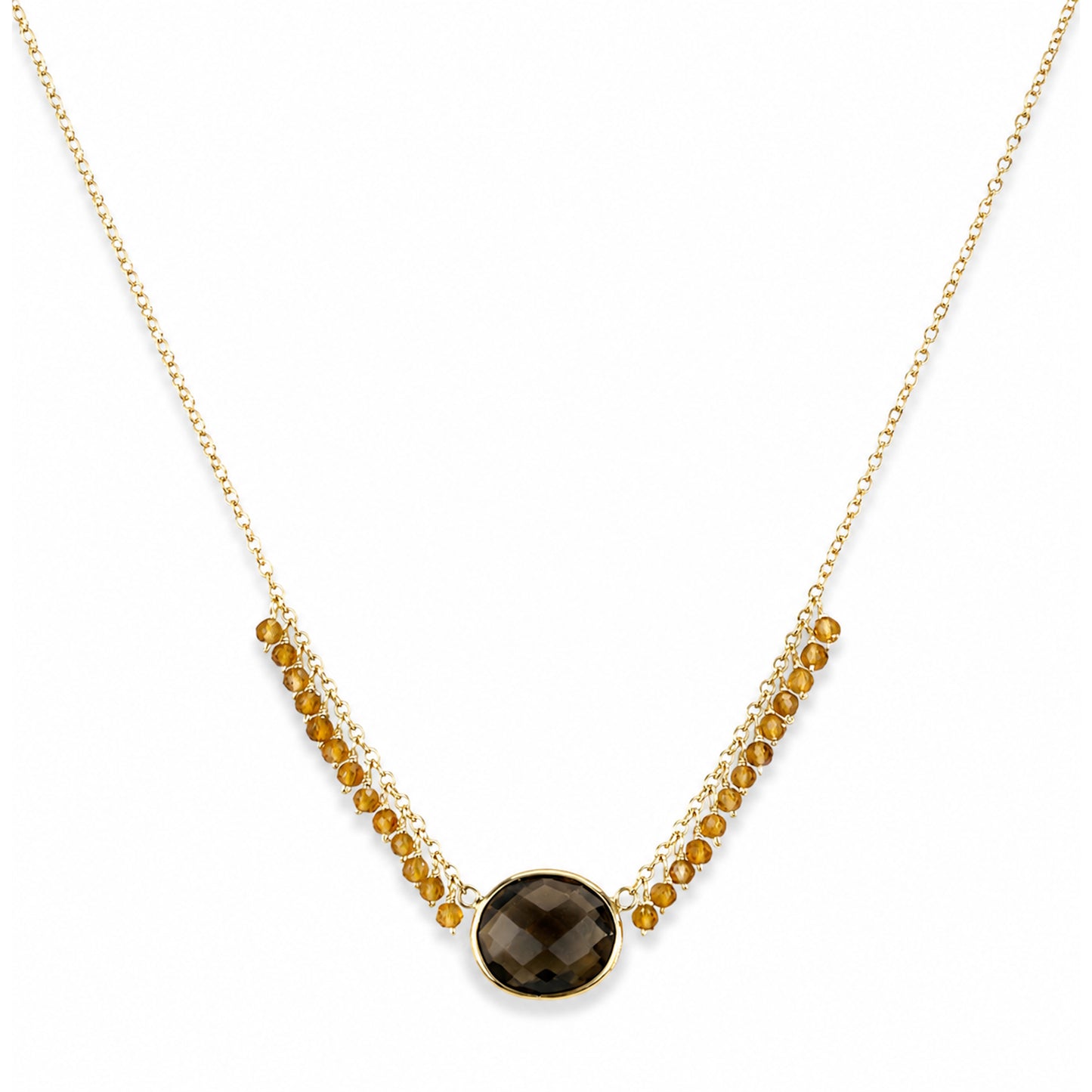 14k Citrine & Smoky Quartz Oval Center Cluster Necklace