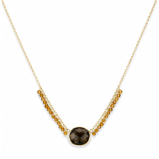 14k Citrine & Smoky Quartz Oval Center Cluster Necklace