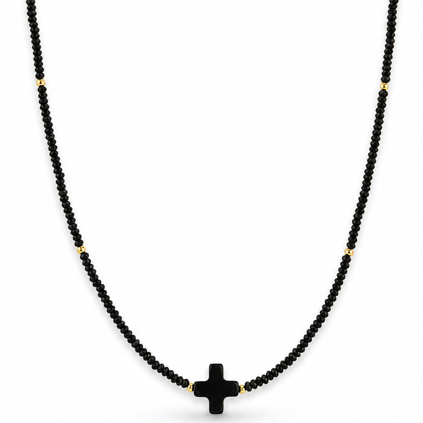 14k Black Spinel Gold Ball Black Onyx Cross Center Pendant Necklace