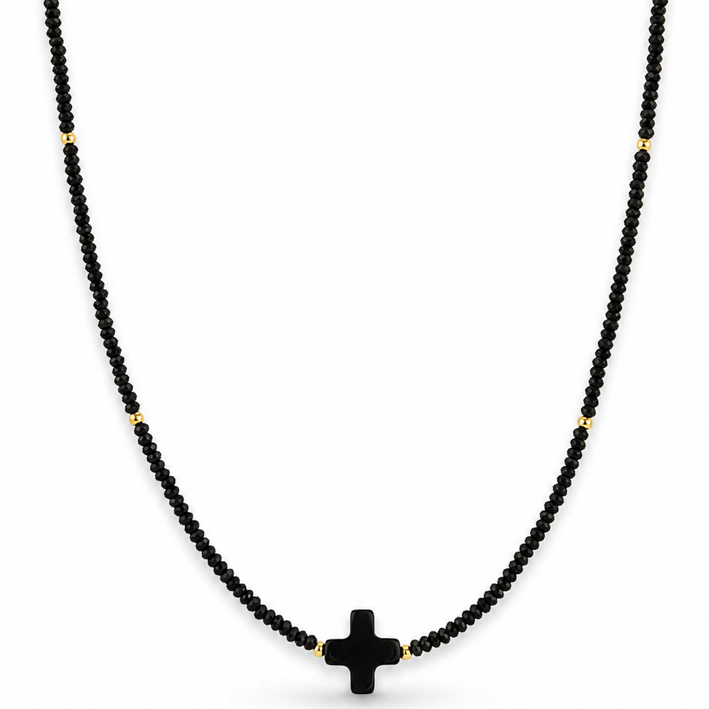 14k Black Spinel Gold Ball Black Onyx Cross Center Pendant Necklace