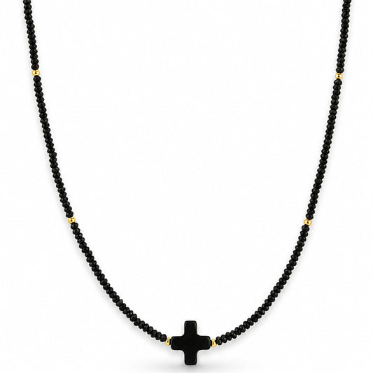 14k Black Spinel Gold Ball Black Onyx Cross Center Pendant Necklace