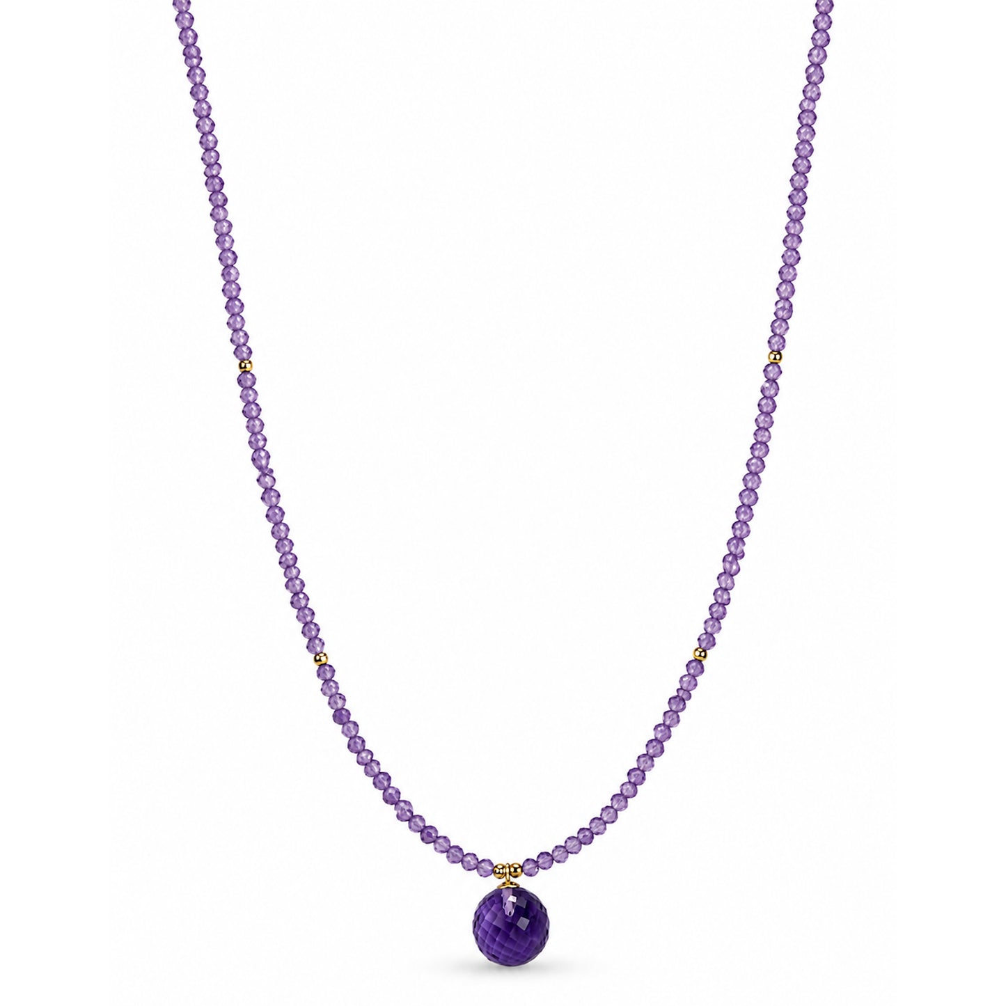 14k Pink Amethyst Gold Bead Faceted Ball Pendant Necklace