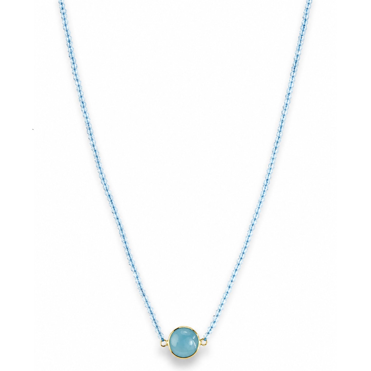 14k Blue Topaz Chalcedony Round Bezel Center Necklace