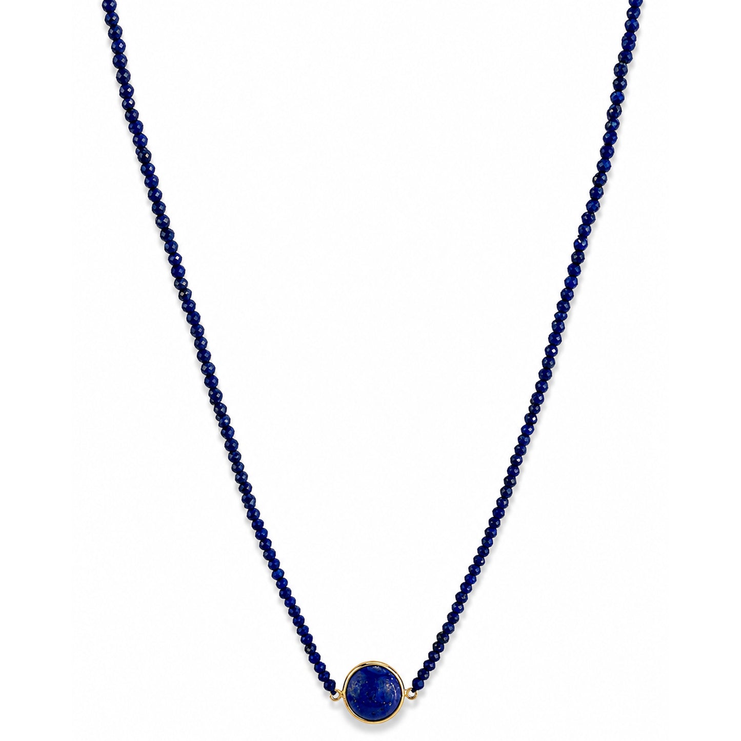 14k Lapis Small Bead Round Bezel Center Necklace
