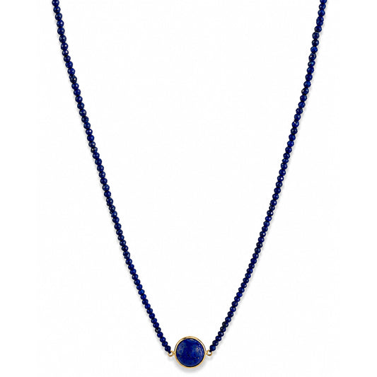 14k Lapis Small Bead Round Bezel Center Necklace