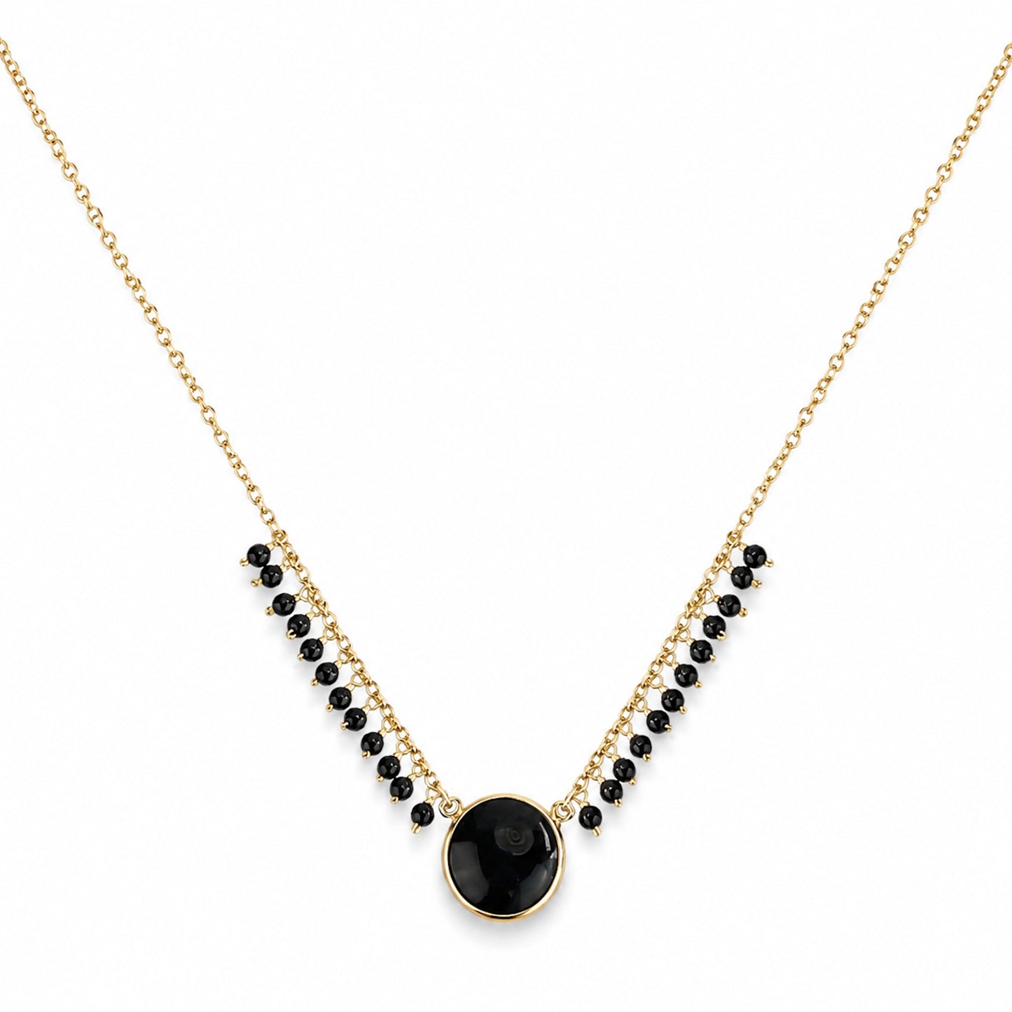 14k Black Onyx Round Bezel Center Cluster Necklace