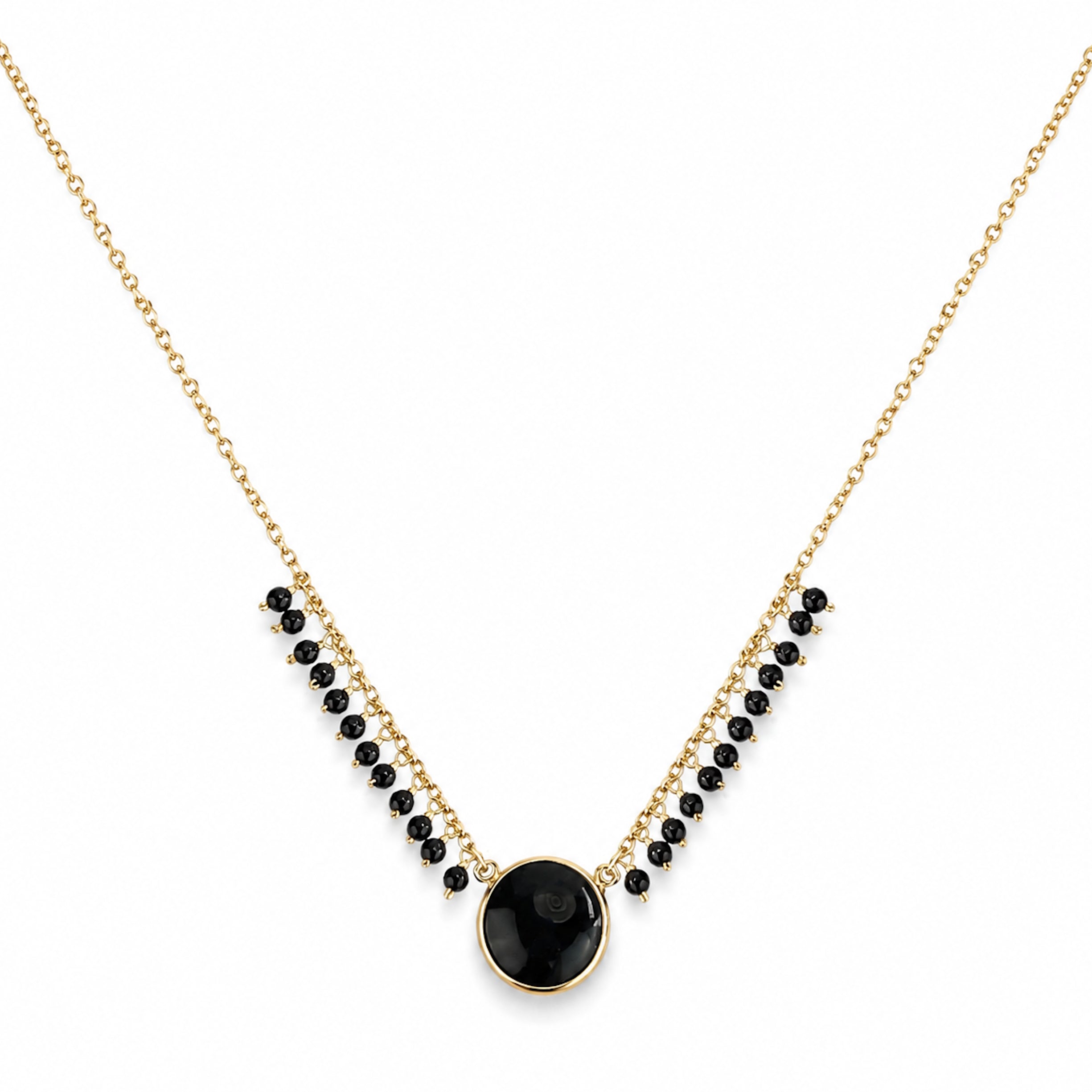 14k Black Onyx Round Bezel Center Cluster Necklace