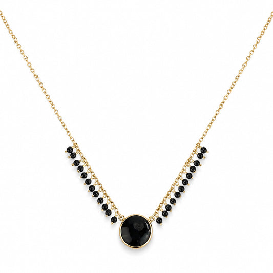 14k Black Onyx Round Bezel Center Cluster Necklace