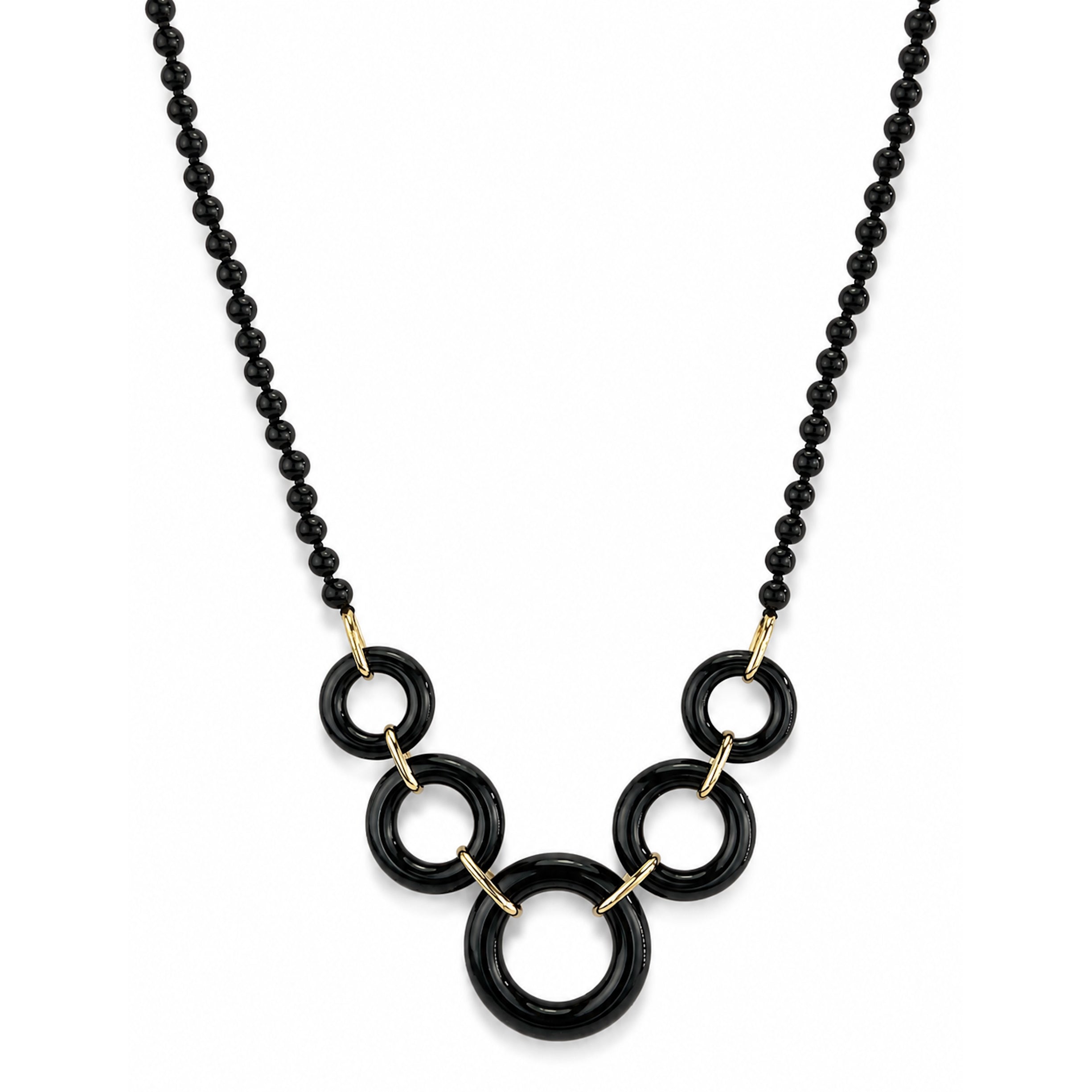 14k Black Onyx 5 Graduated Round Link Center Necklace