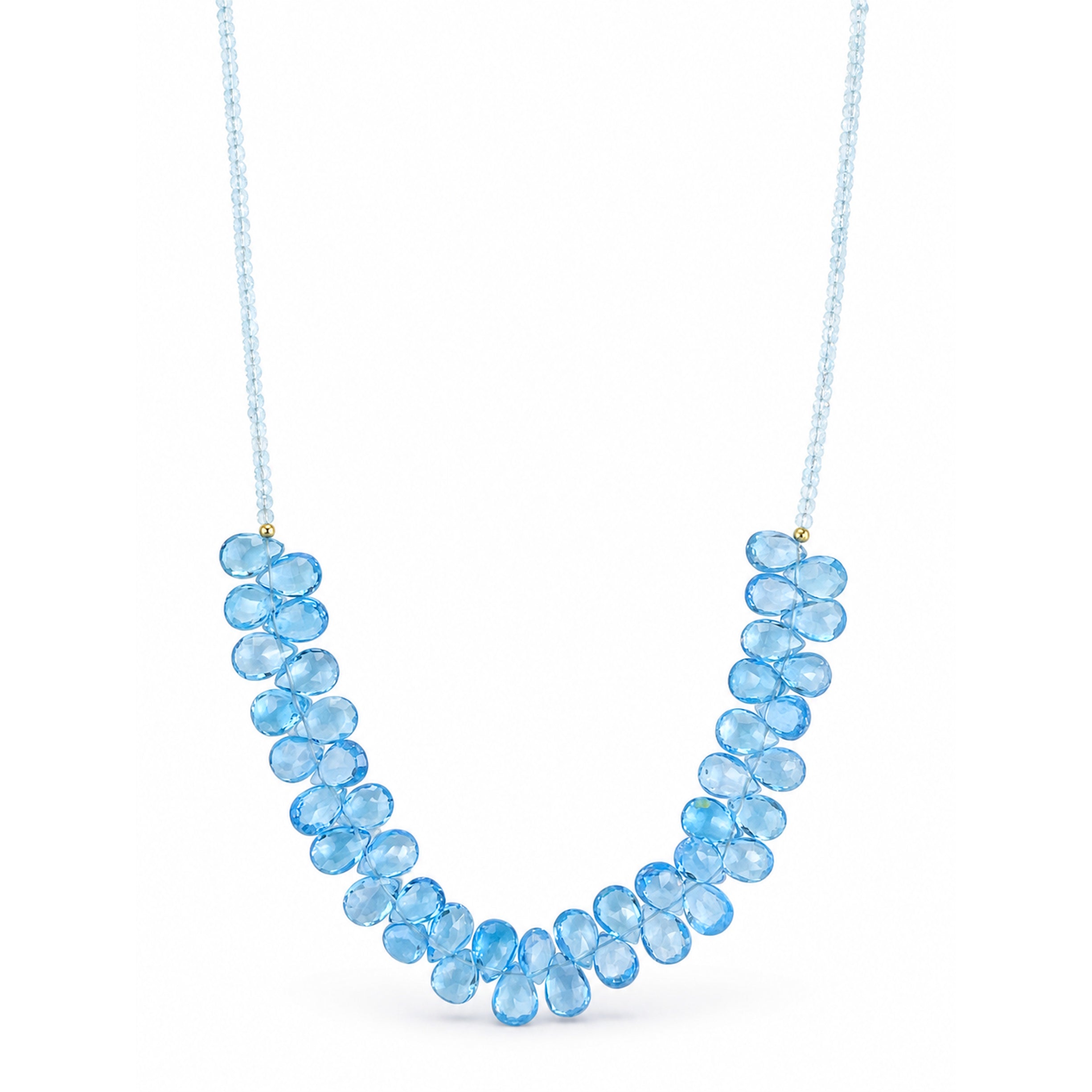 14k Blue Topaz Small Beads & Swiss Blue Topaz Cluster Front Necklace