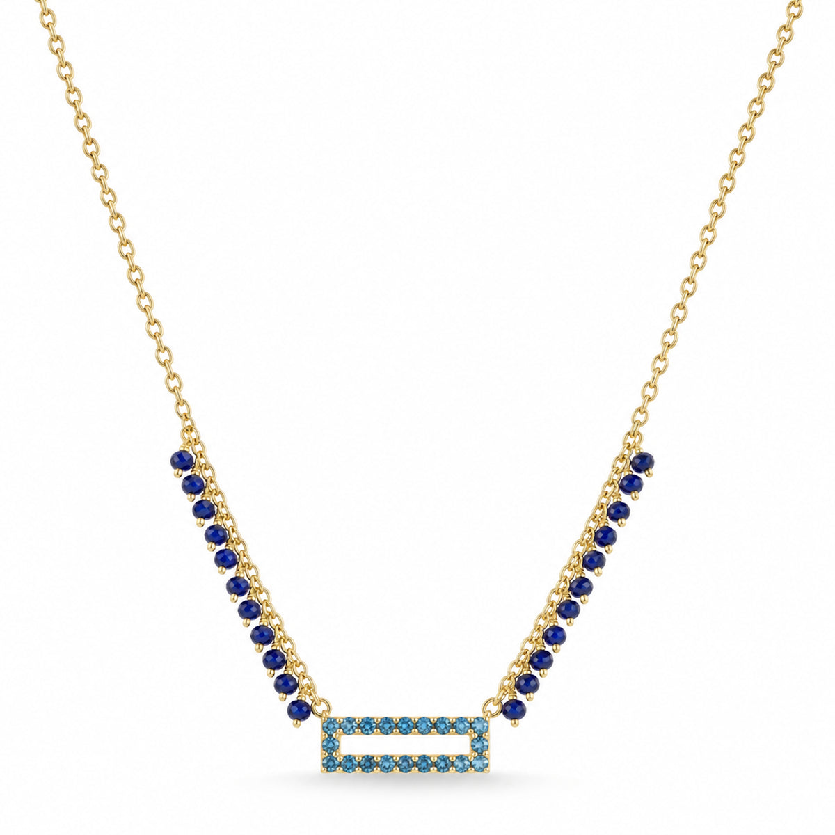 14k Lapis & London Blue Topaz Open Rectangle Center Necklace