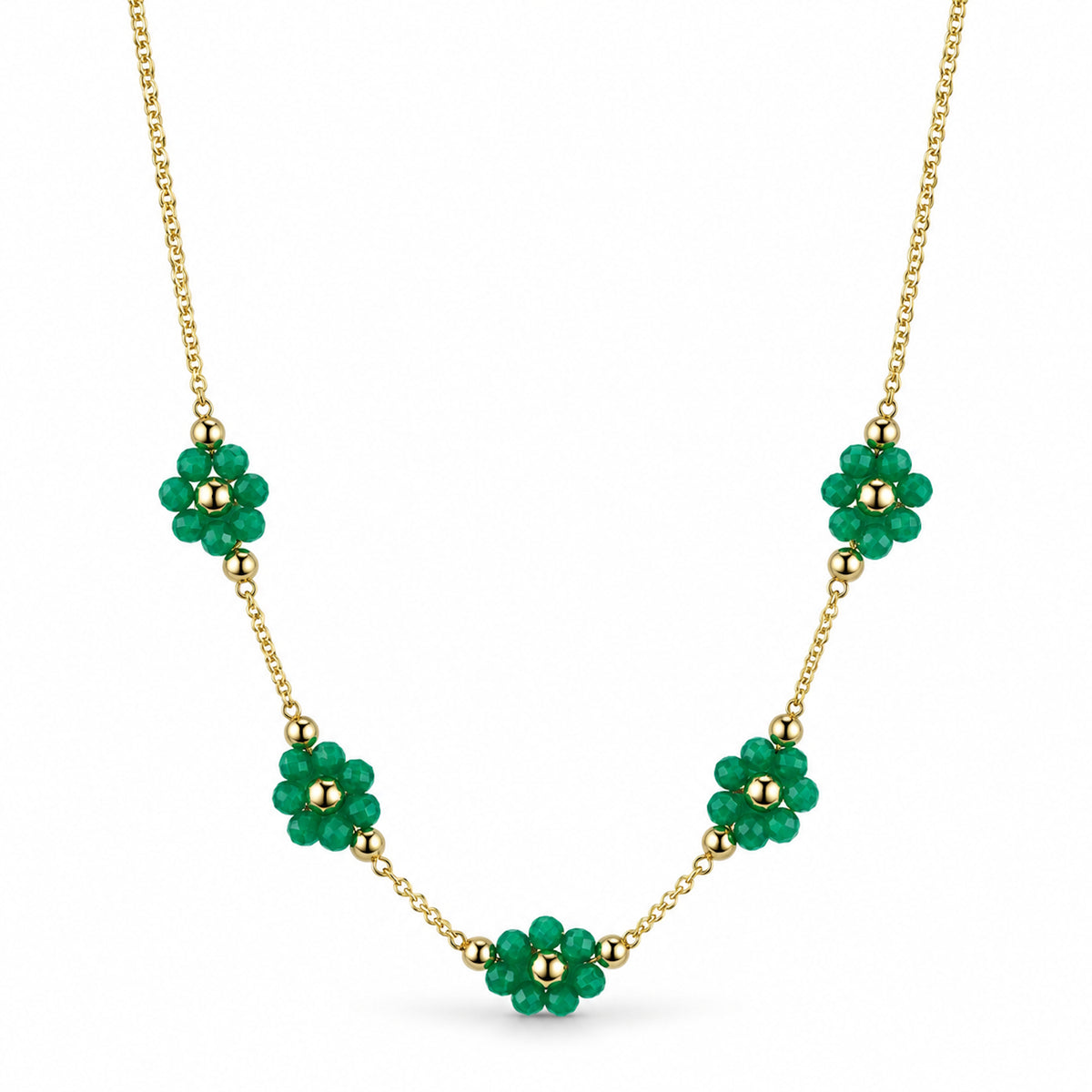 14k Multi Gemstones White Pearl 5 Flower Station Necklace