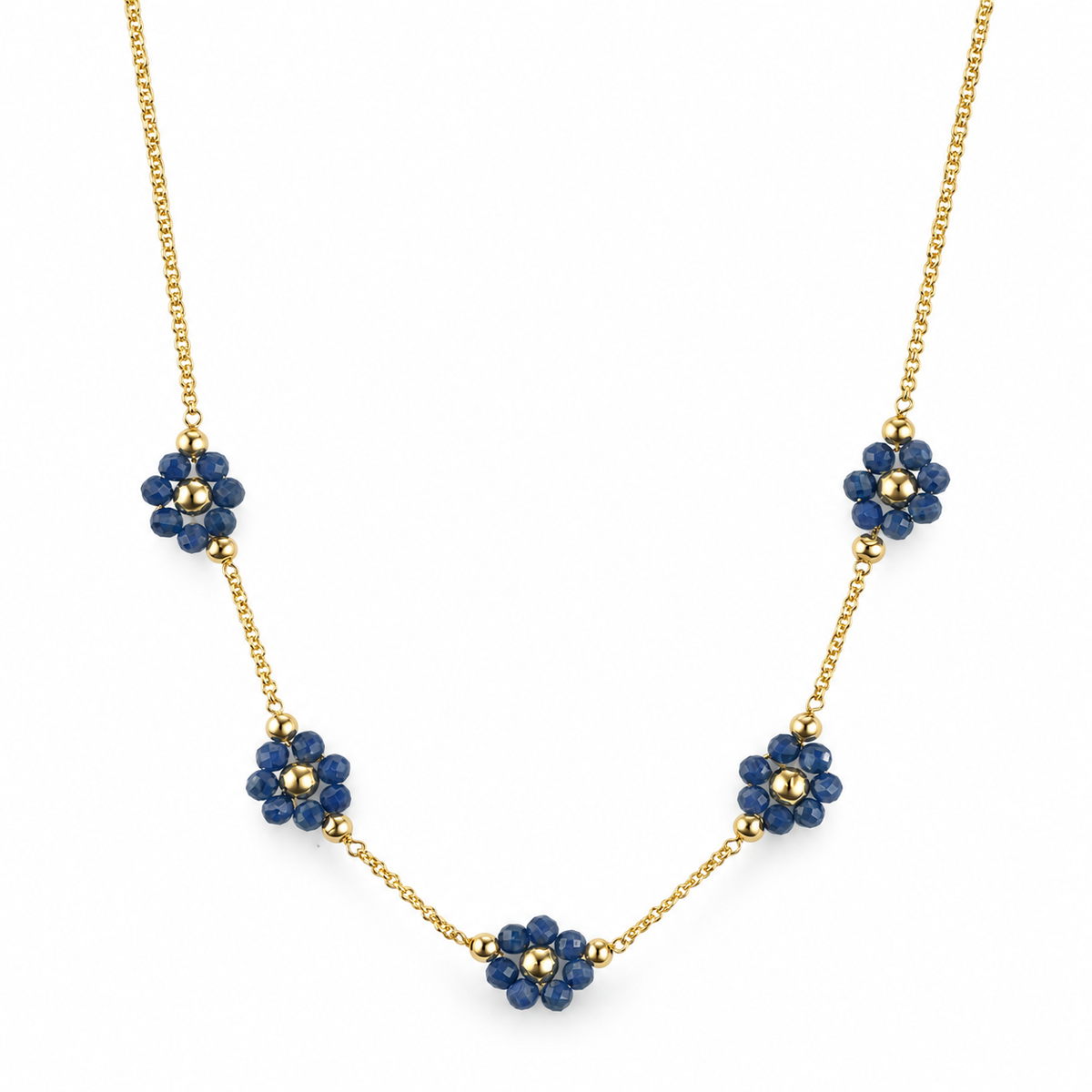 14k Multi Gemstones White Pearl 5 Flower Station Necklace