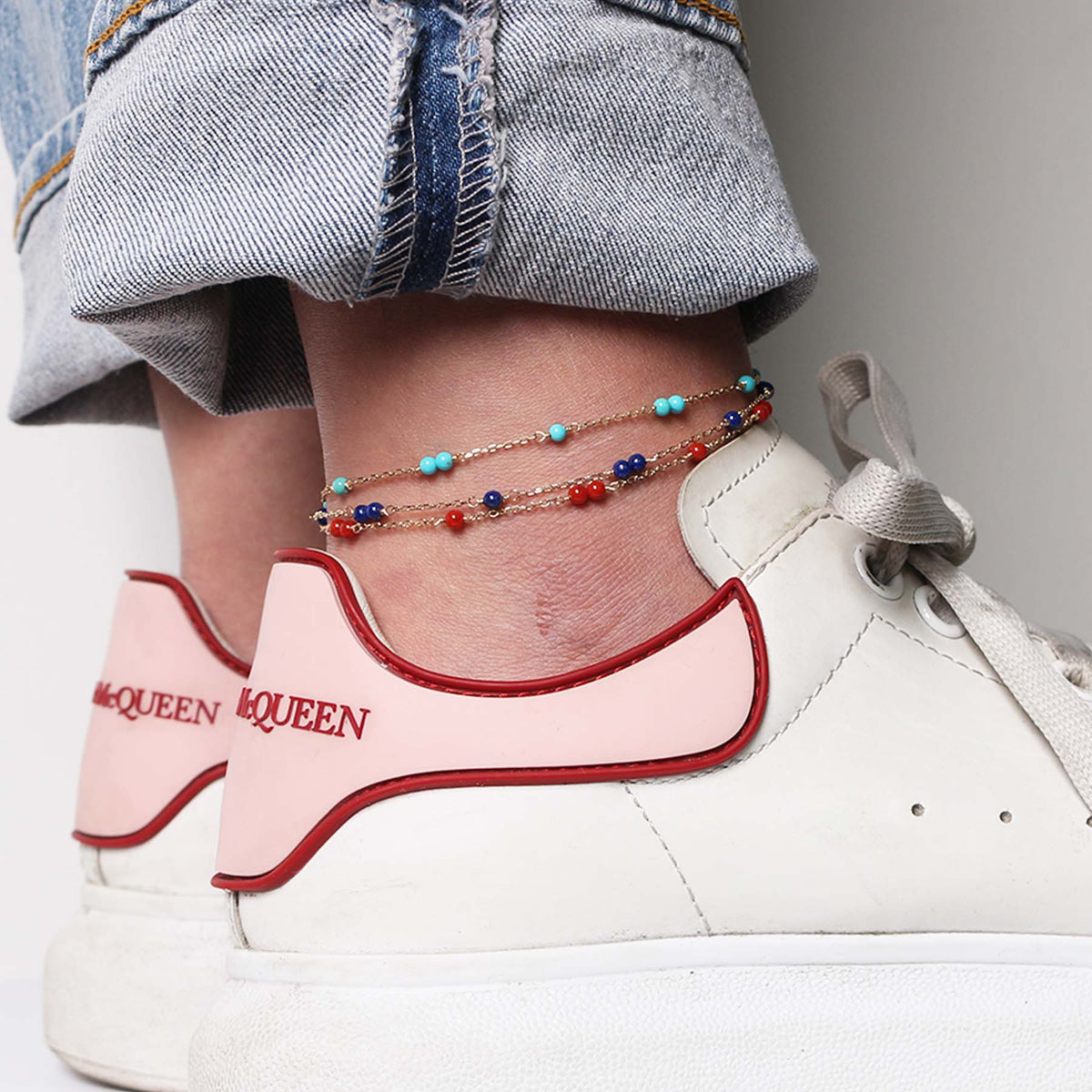 14k Gold Gemstone Station Anklet