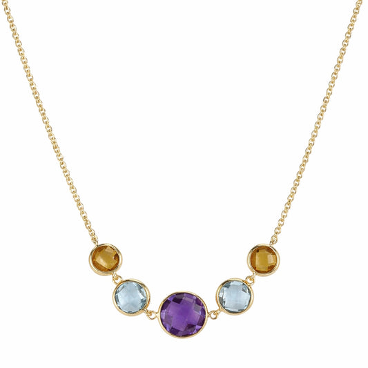 14k Multi Gemstone 5 Round Bezel Link Front Necklace