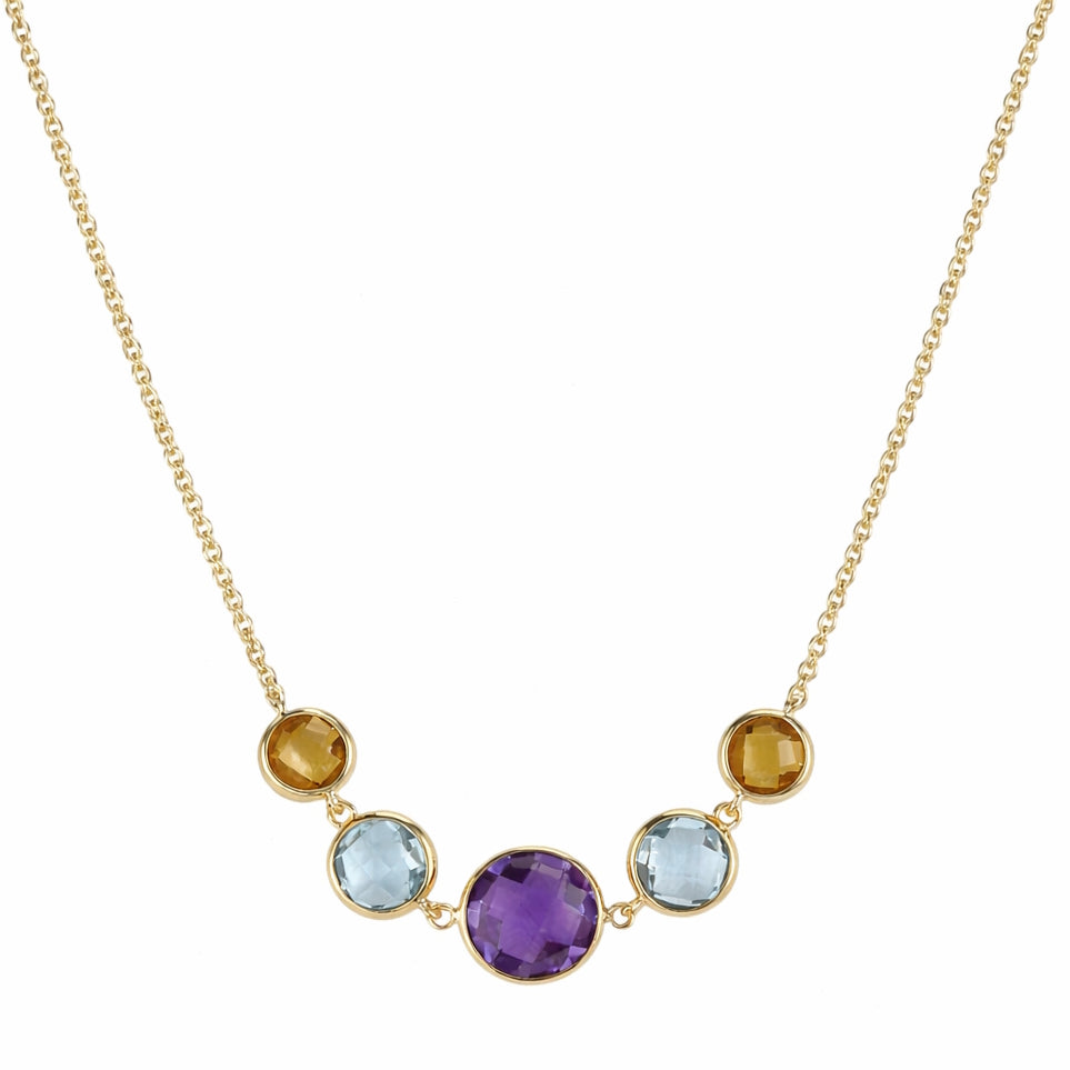14k Multi Gemstone 5 Round Bezel Link Front Necklace