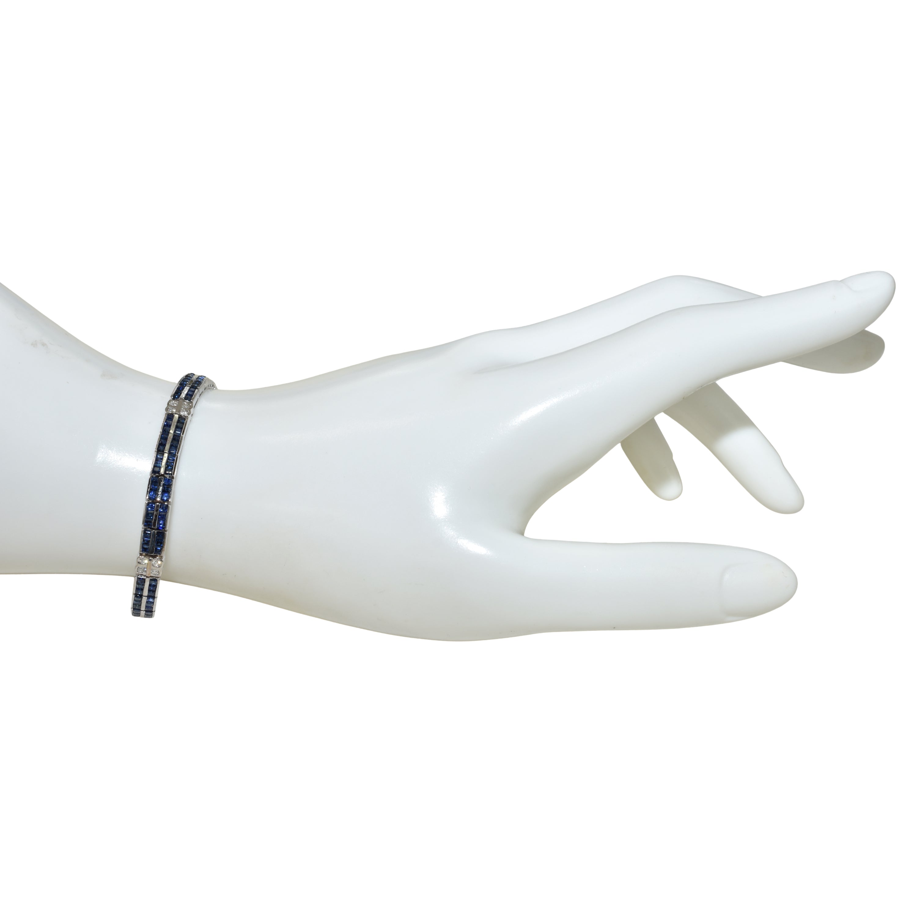 18k White Gold Blue Sapphire Diamond Art Deco Bracelet