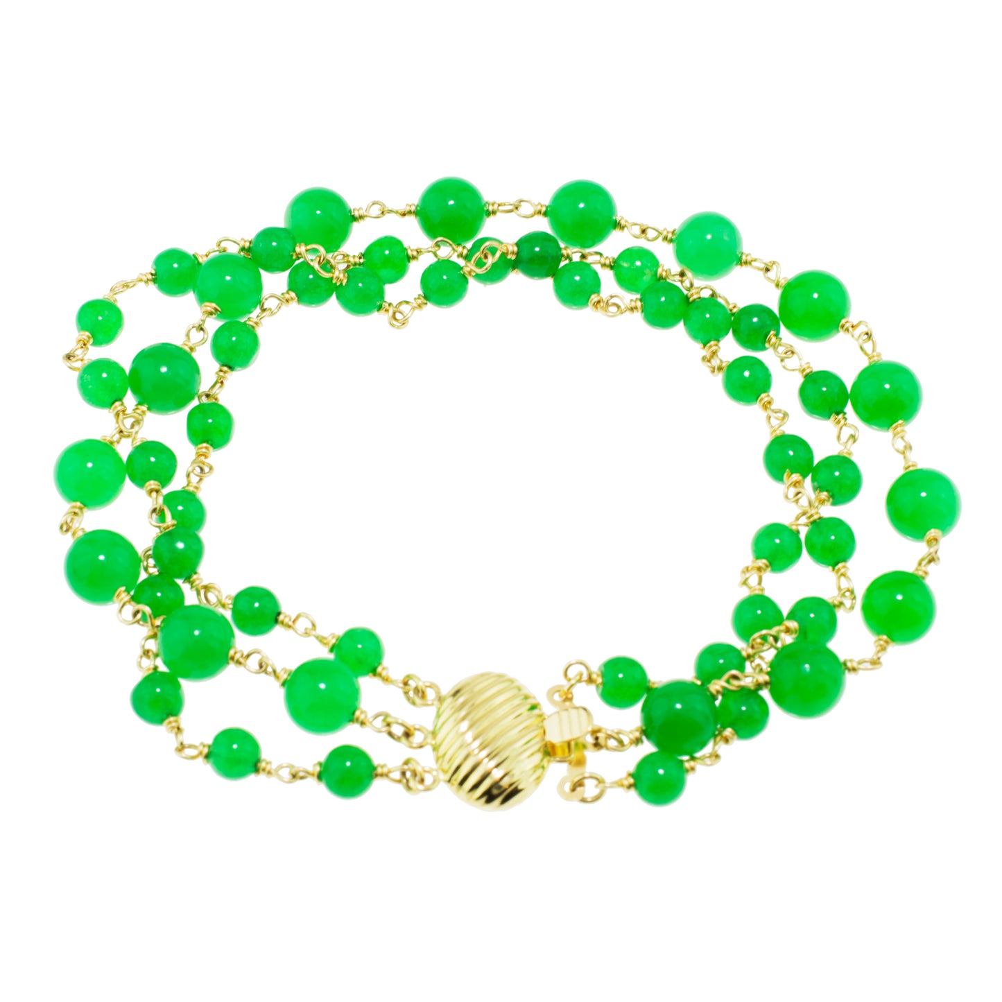 14k Green Jade 3 Row Link Bracelet 8"