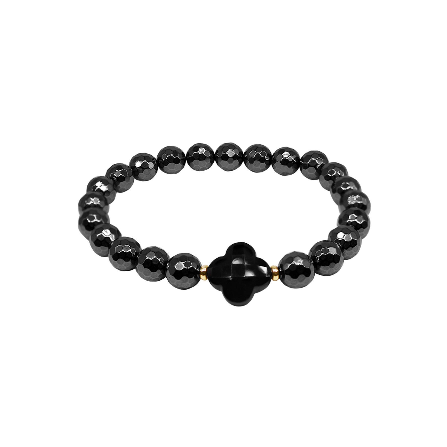Y2K 14k Hematite Black Onyx Flower Stretch Bracelet 7.5"