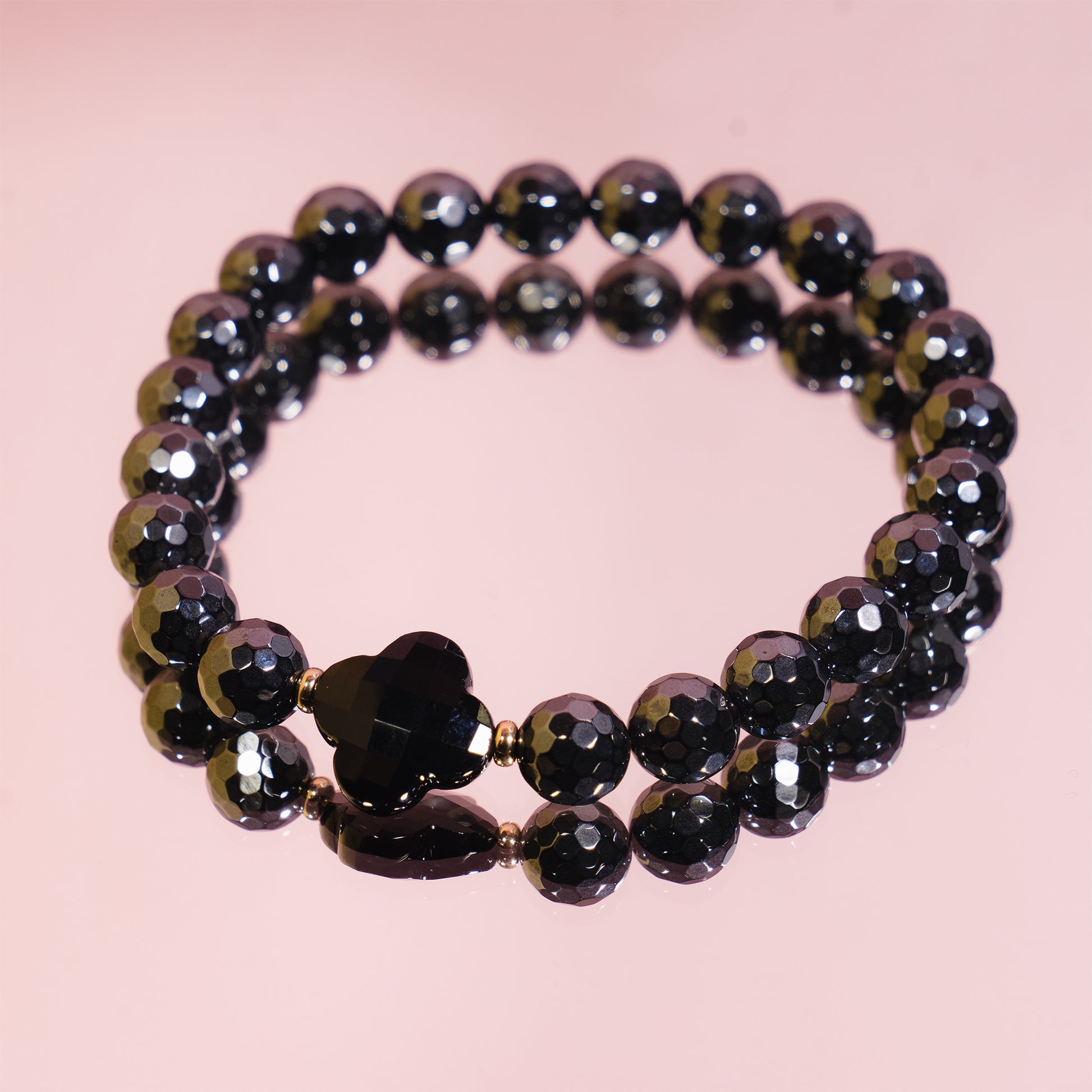 Y2K 14k Hematite Black Onyx Flower Stretch Bracelet 7.5"