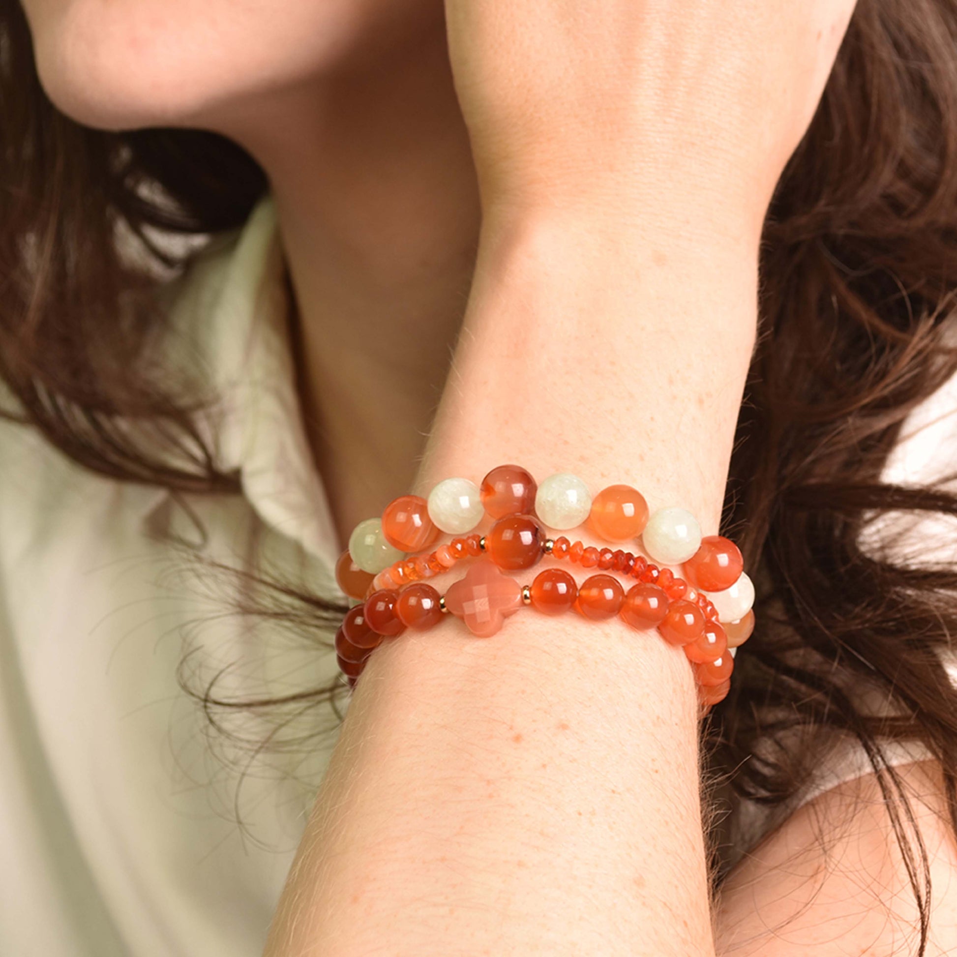 Prehnite Red and Orange Agate Stretch Bracelet