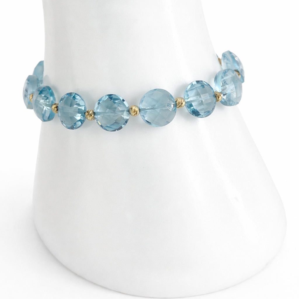 14k Blue Topaz Coin Fancy Gold Ball Bolo Bracelet