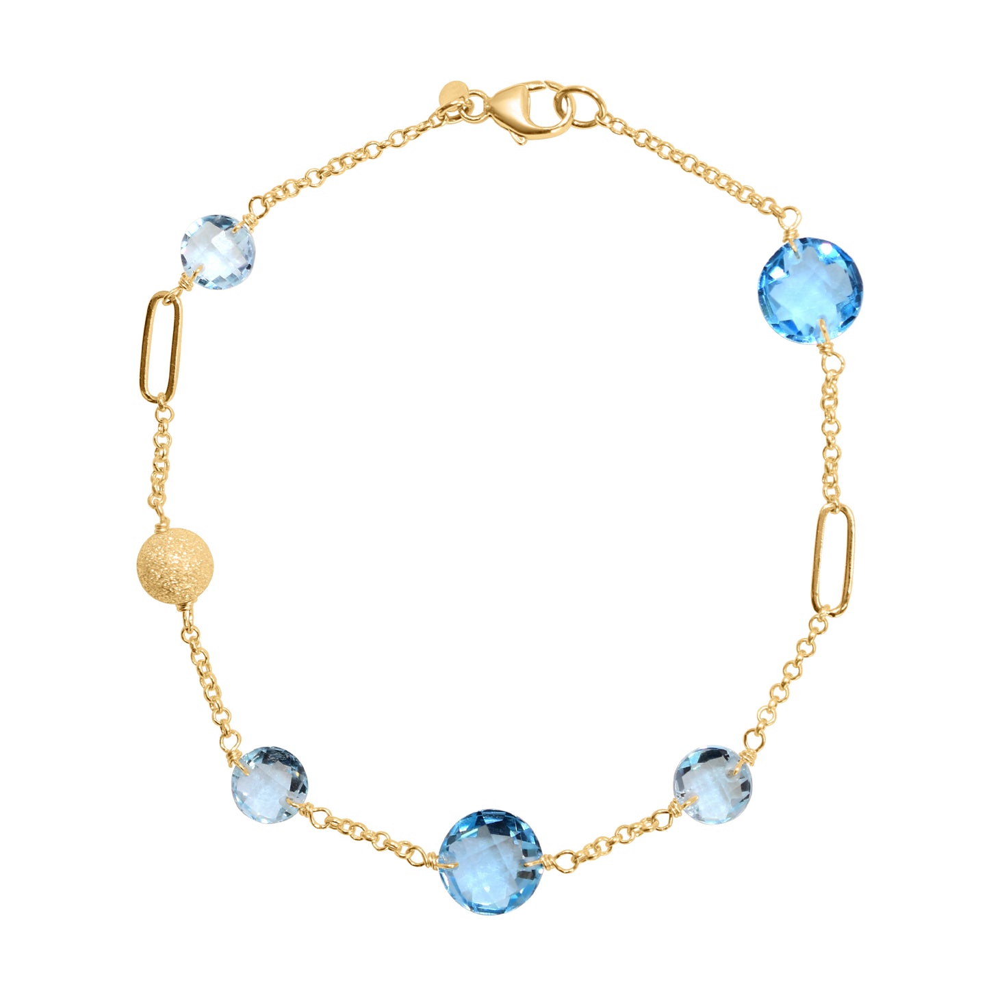 14k Gemstone Coin Fancy Chain Bracelet 7.25" Sky & Swiss Blue Topaz