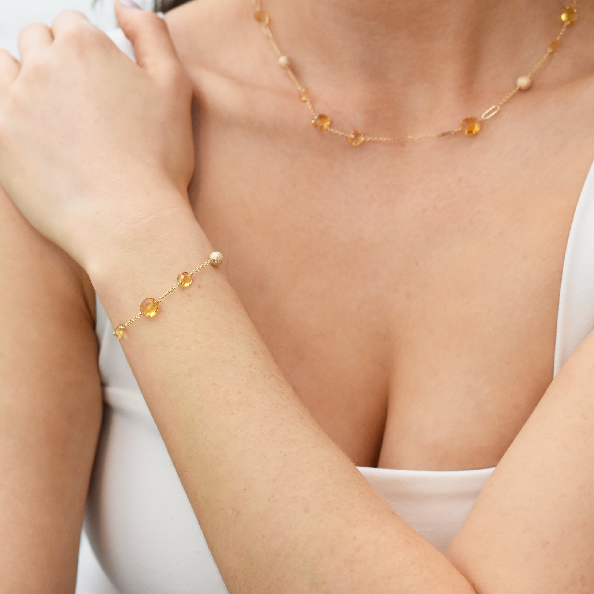 14k Gemstone Coin Fancy Chain Bracelet 7.25" Citrine