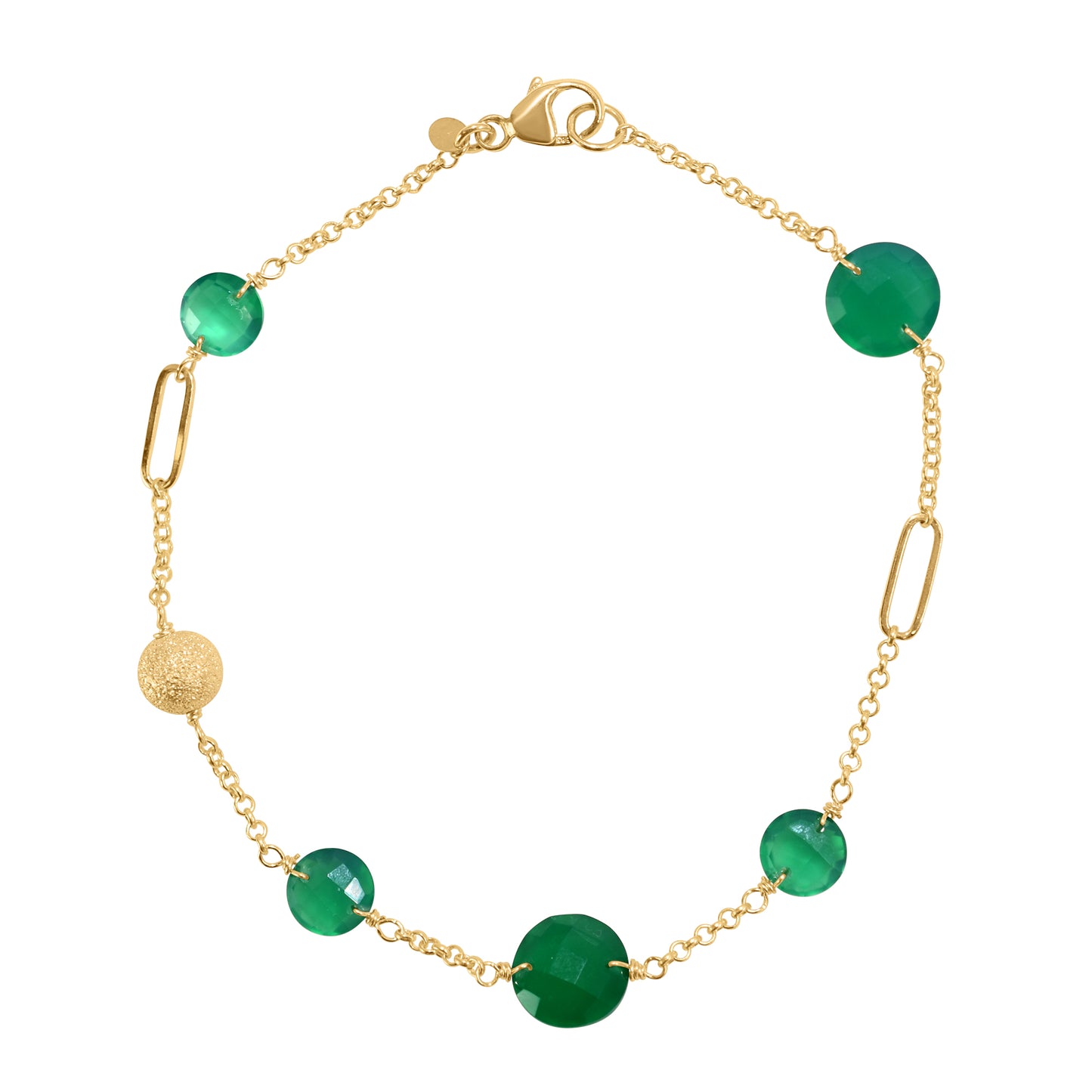 14k Gemstone Coin Fancy Chain Bracelet 7.25" Green Onyx