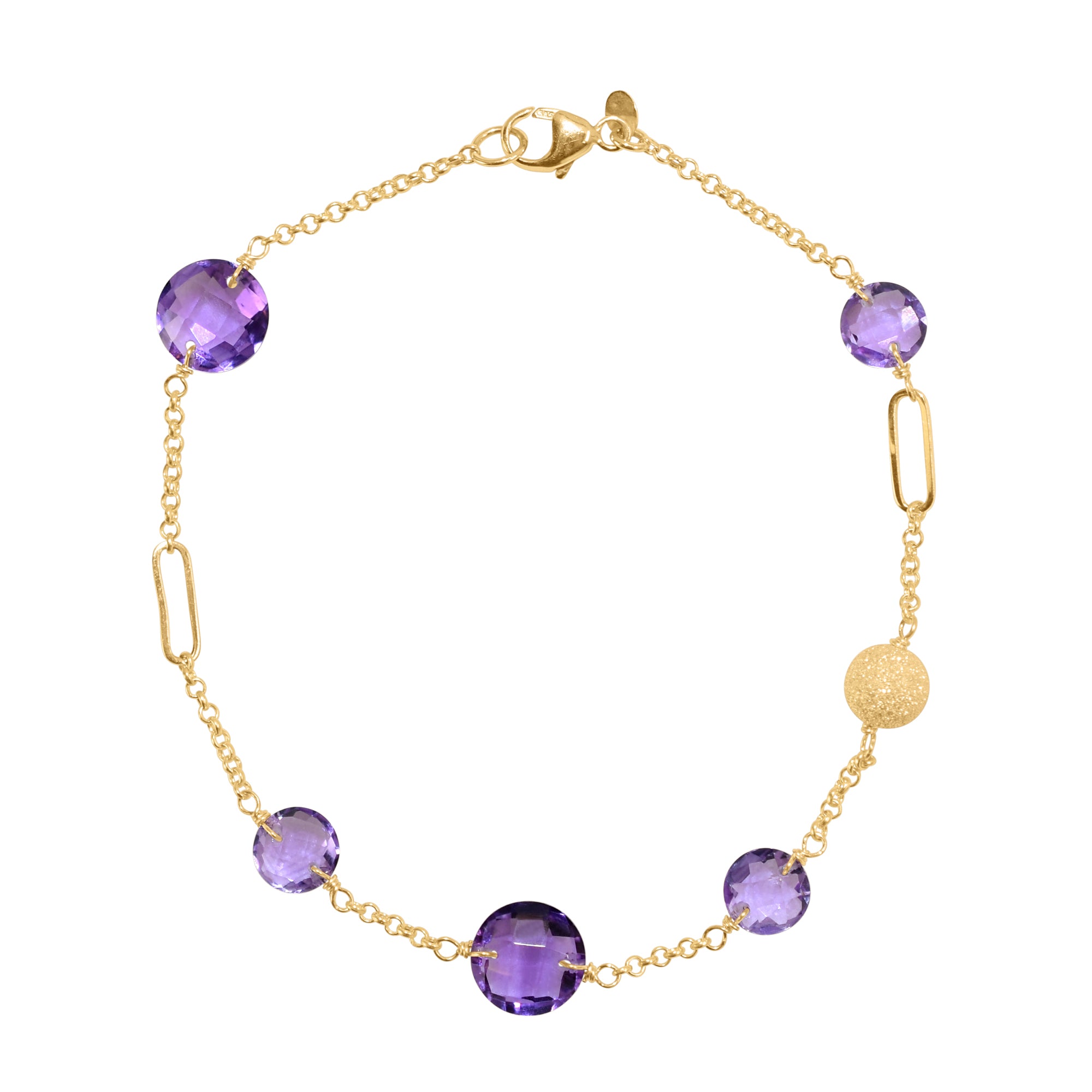 14k Gemstone Coin Fancy Chain Bracelet 7.25" Amethyst