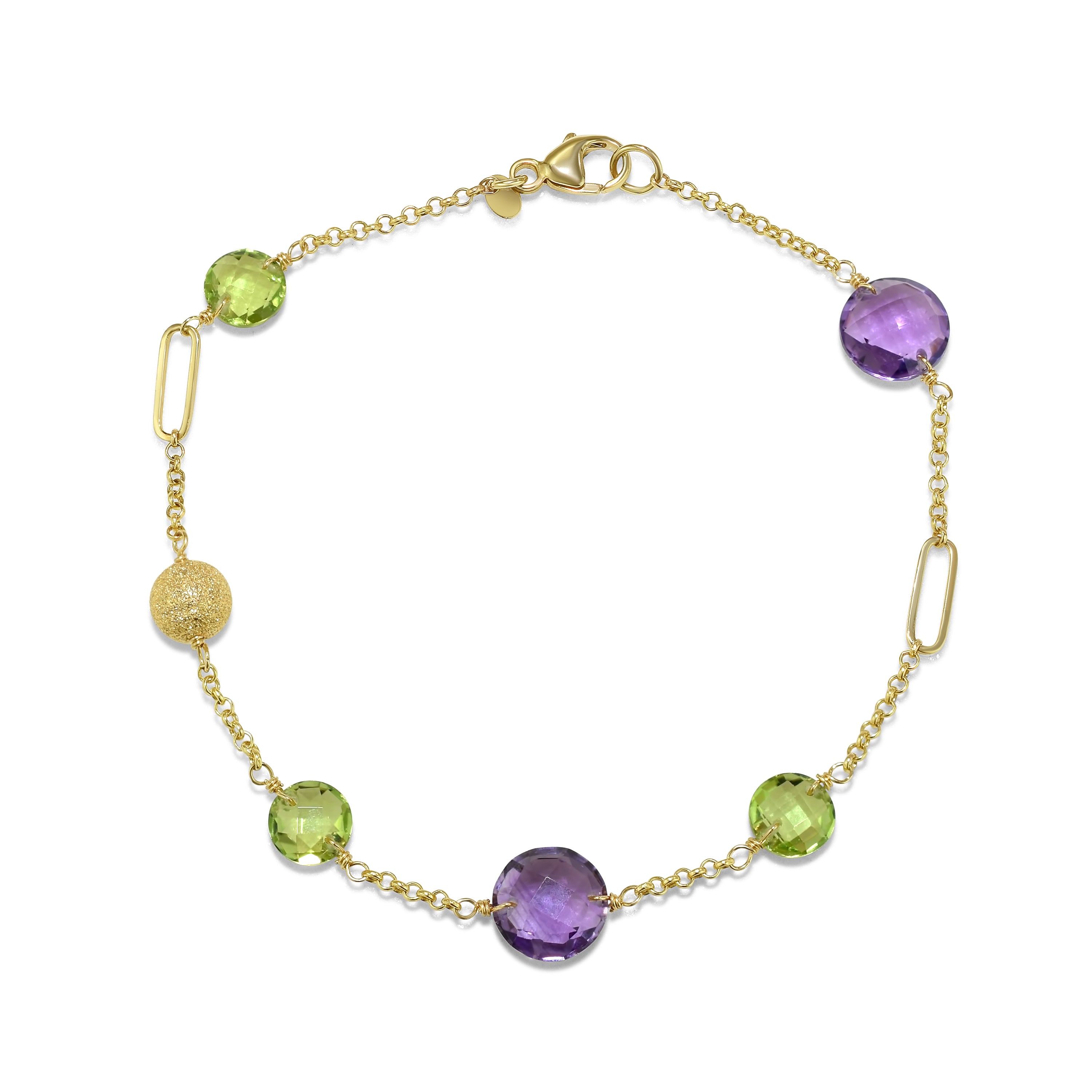 14k Gemstone Coin Fancy Chain Bracelet 7.25" Peridot