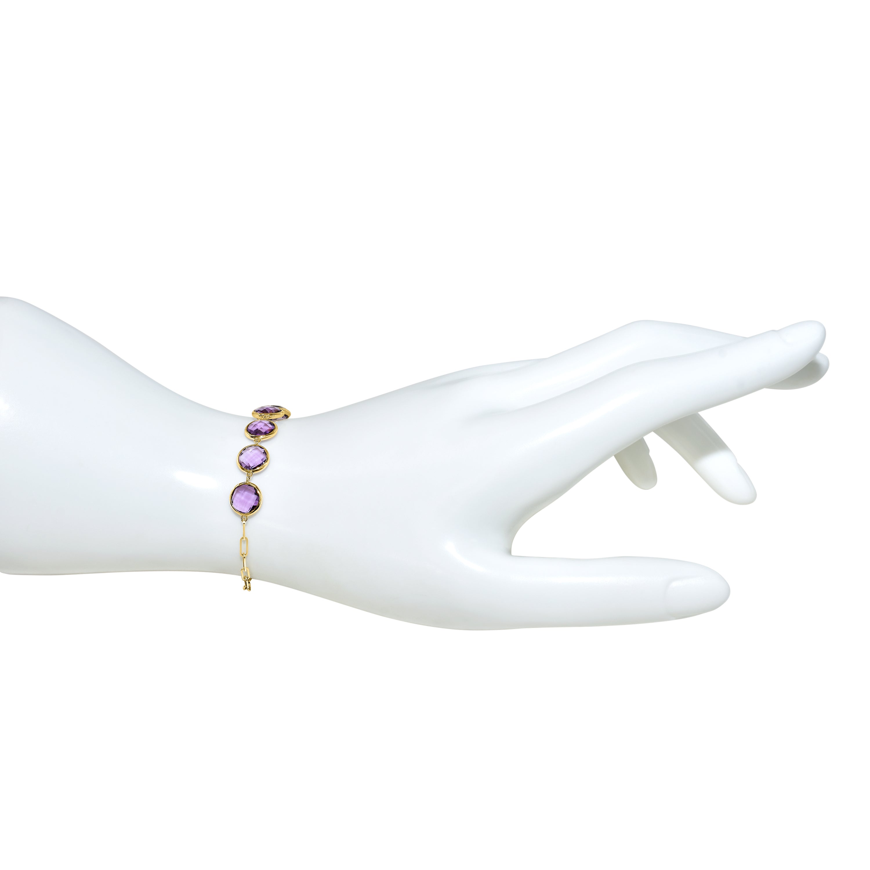 14k Amethyst 5 Round Bezel Paperclip Bracelet