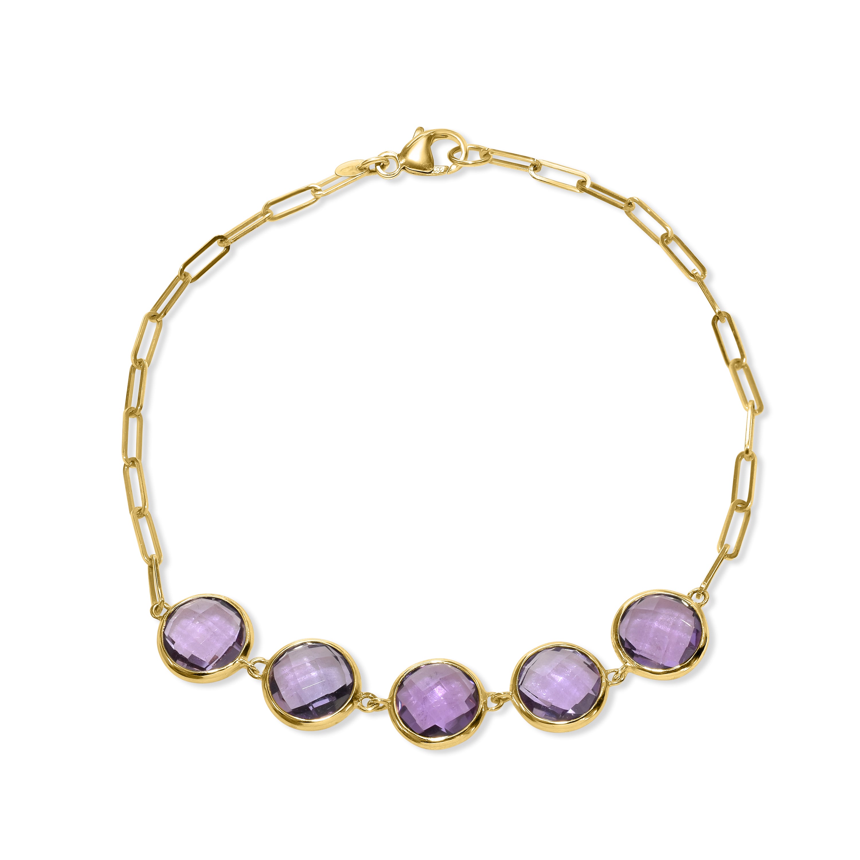 14k Amethyst 5 Round Bezel Paperclip Bracelet