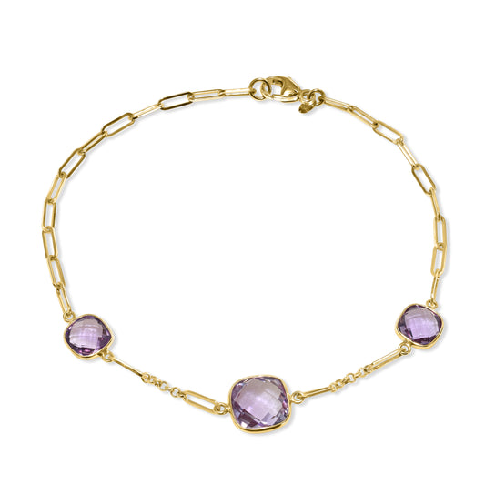 14k Amethyst Cushion Station Paperclip Bracelet