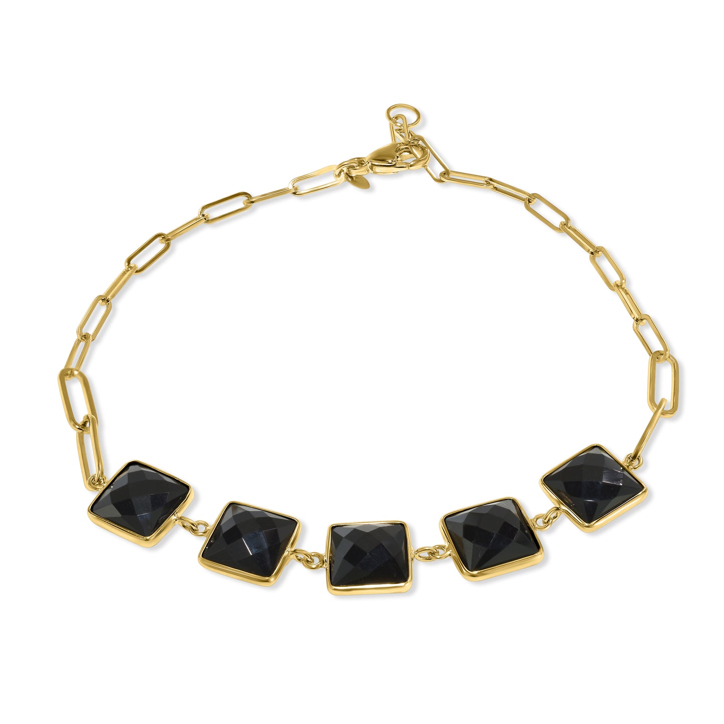 14k Black Onyx 5 Square Bezel Paperclip Bracelet