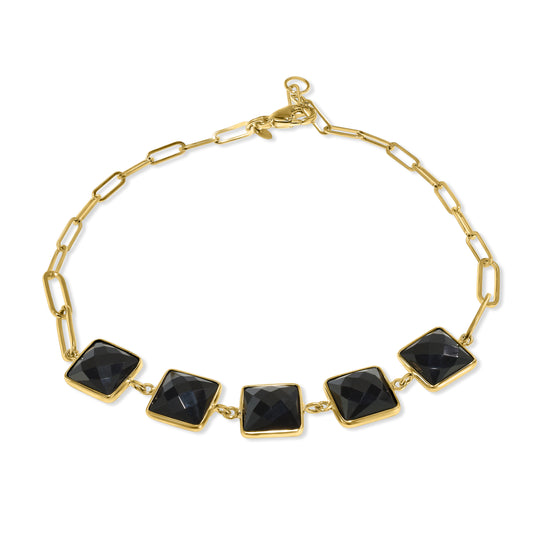 14k Black Onyx 5 Square Bezel Paperclip Bracelet