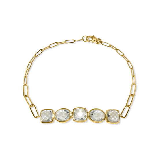 14k White Topaz Mixed Shape Bezel Bar Paperclip Bracelet