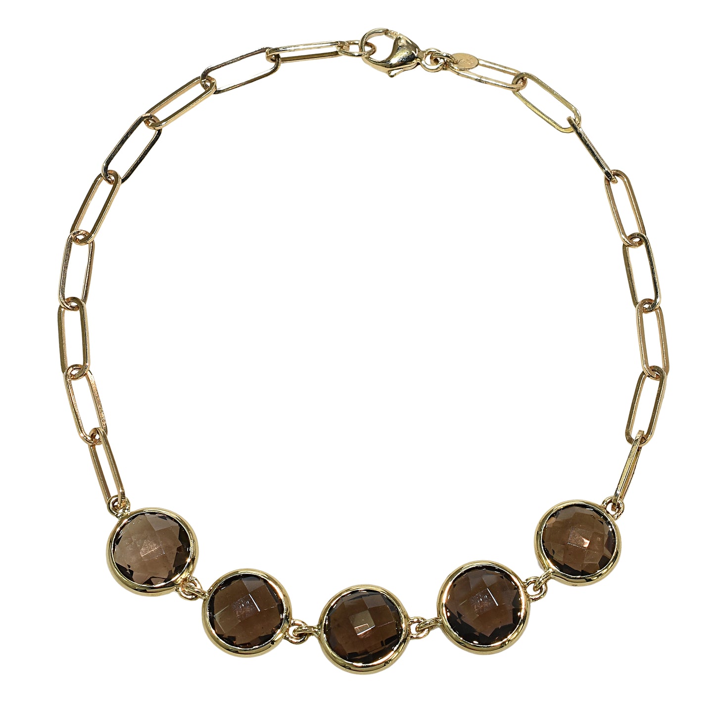 14k Smoky Quartz Round Bezel Paperclip Bracelet