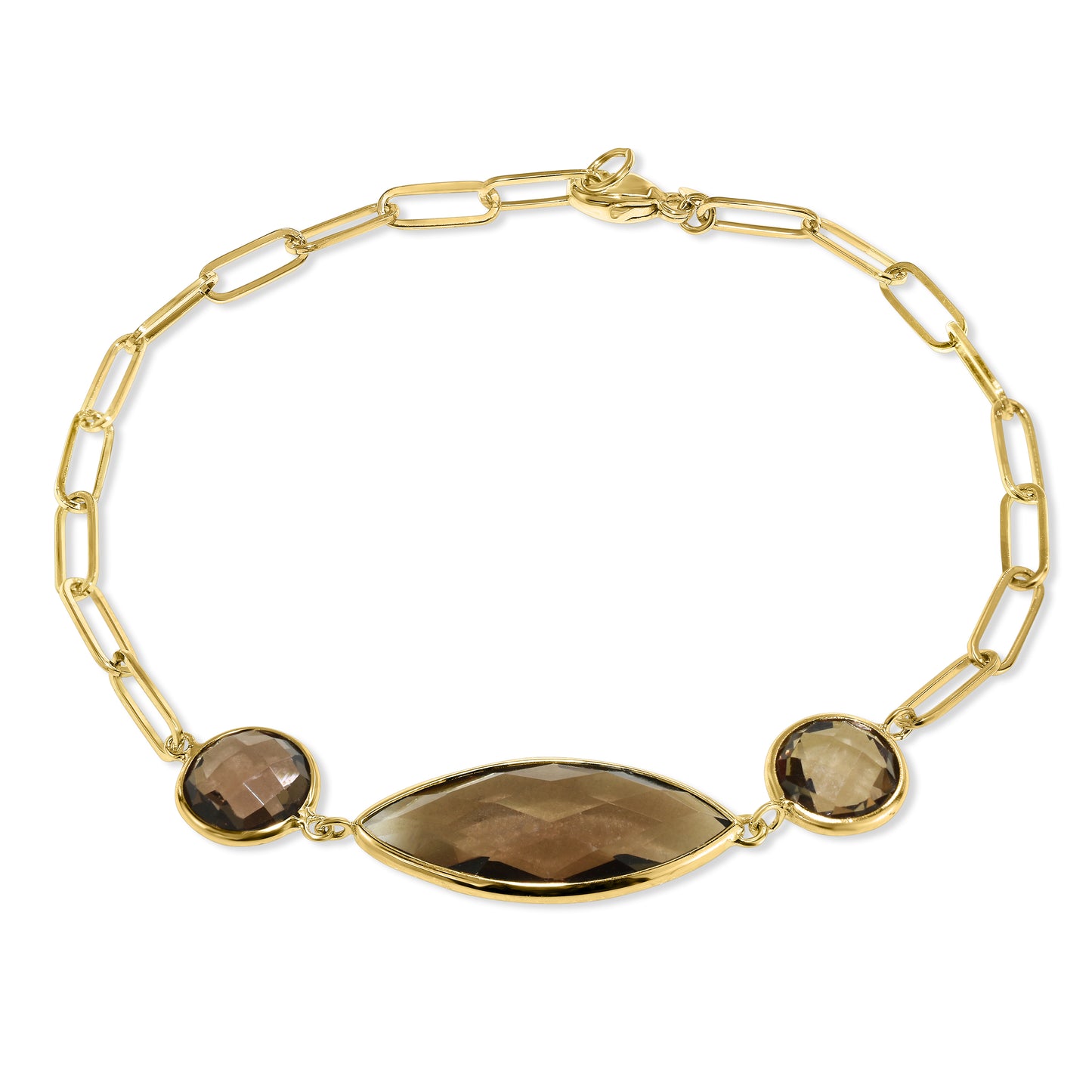 14K Smoky Quartz Round Marquise Paperclip Bracelet