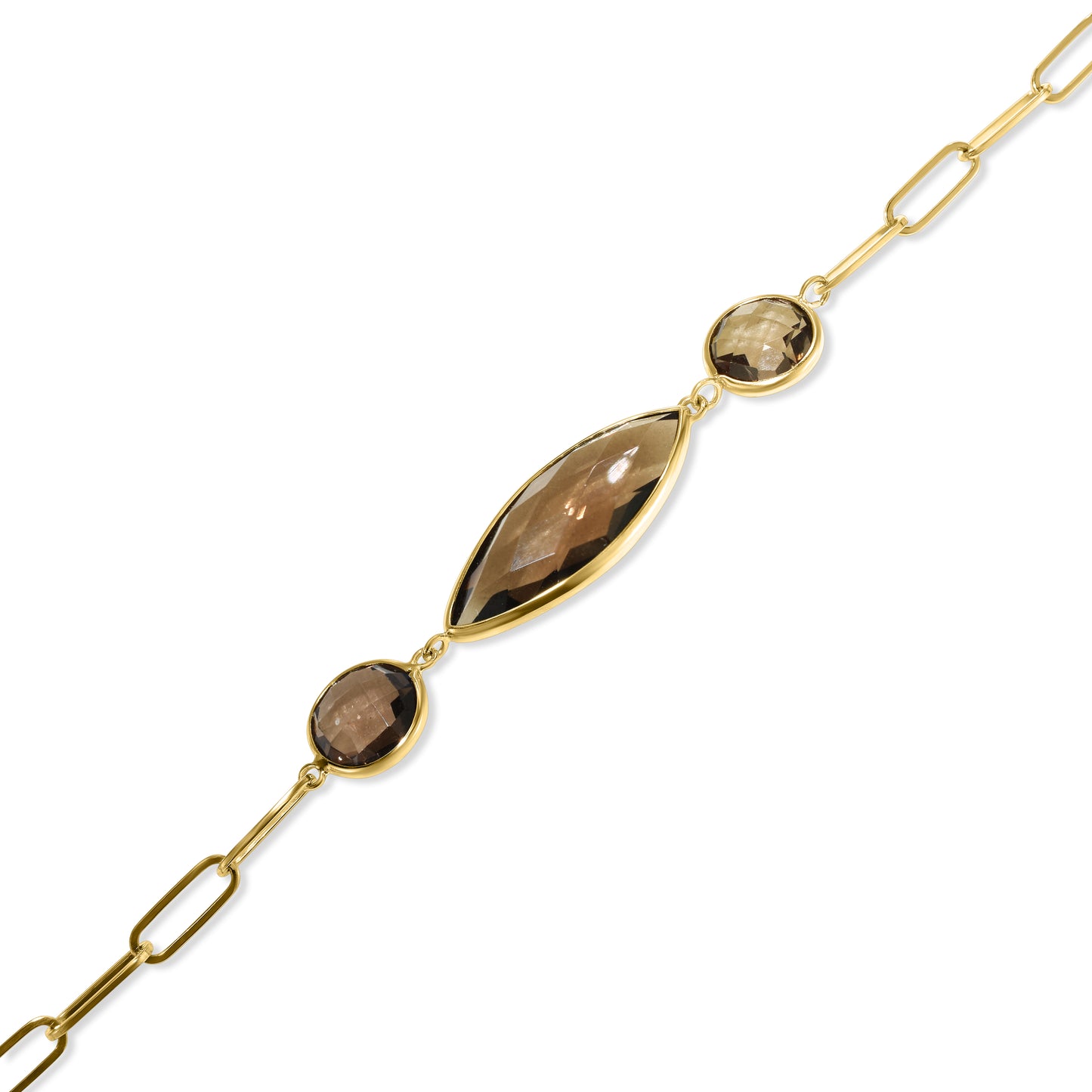 14K Smoky Quartz Round Marquise Paperclip Bracelet