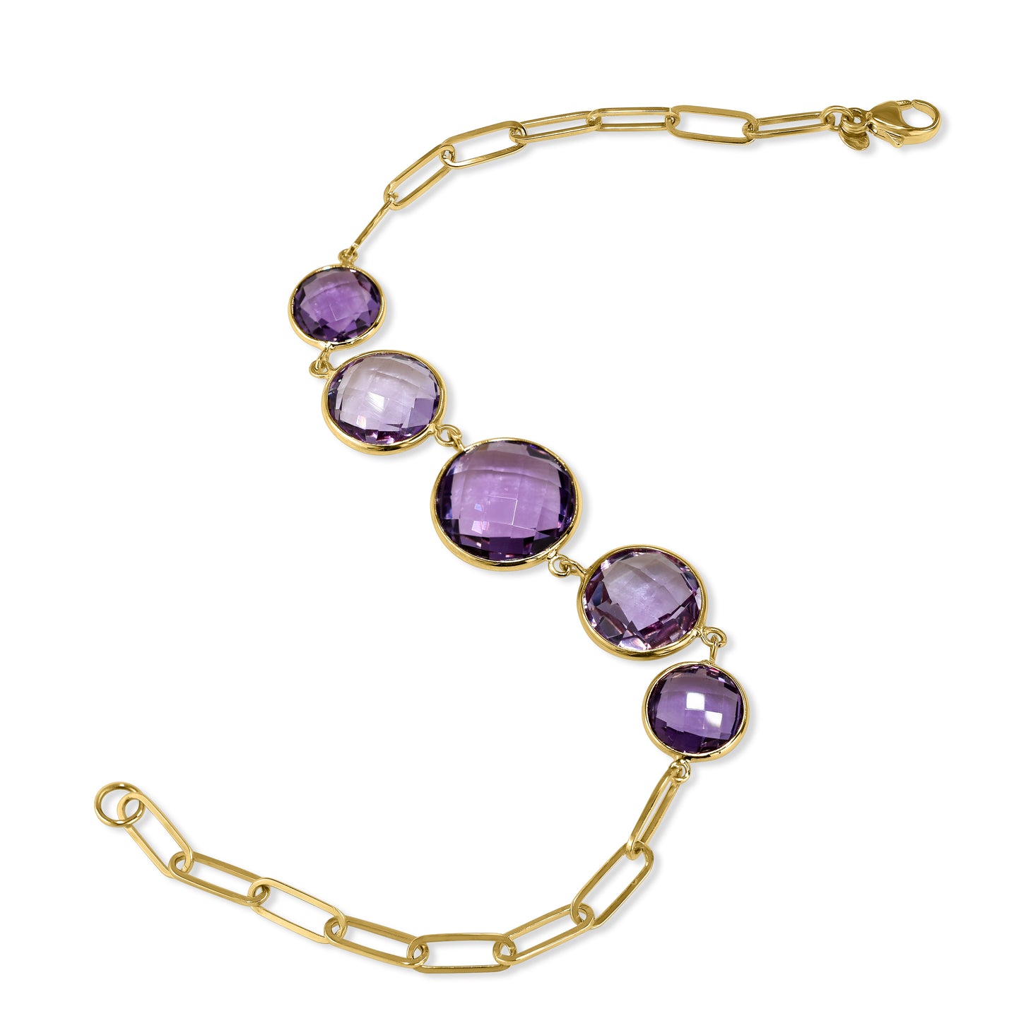 14k Amethyst Graduated 5 Round Bezel Paperclip Bracelet