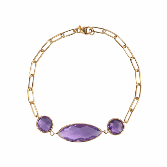 14k Amethyst Round and Marquise Paperclip Bracelet