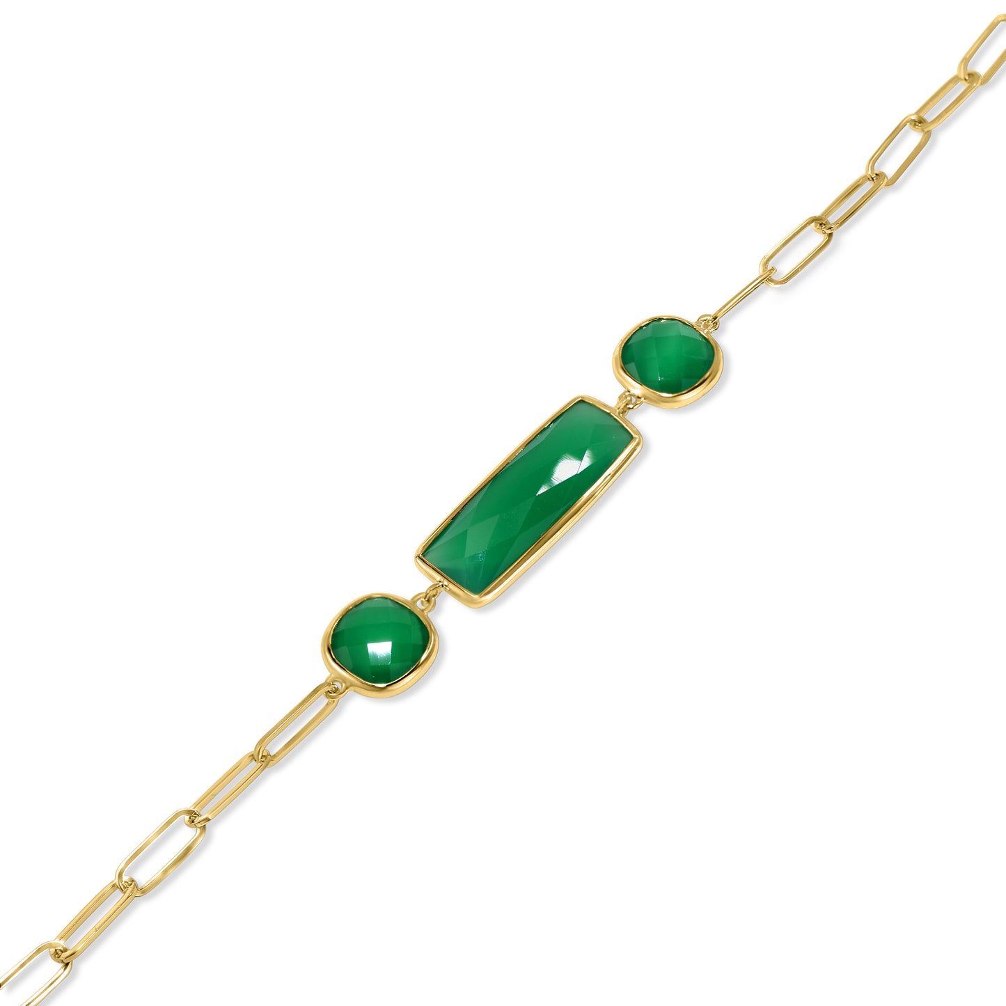 14K Green Onyx 3 Bezel Paperclip Bracelet