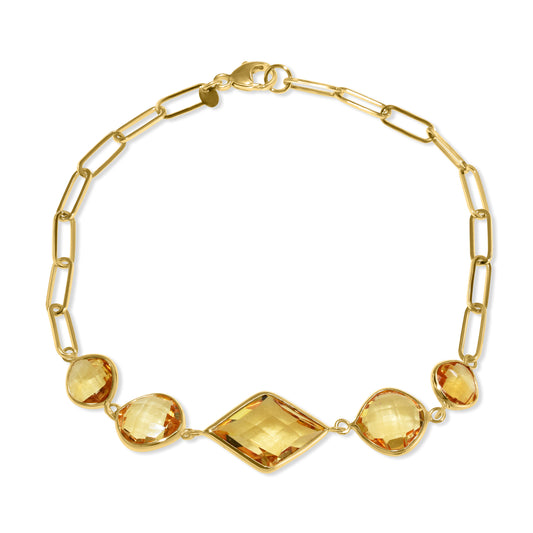 14K Citrine Bezel Paperclip Chain Link Bracelet Adjustable