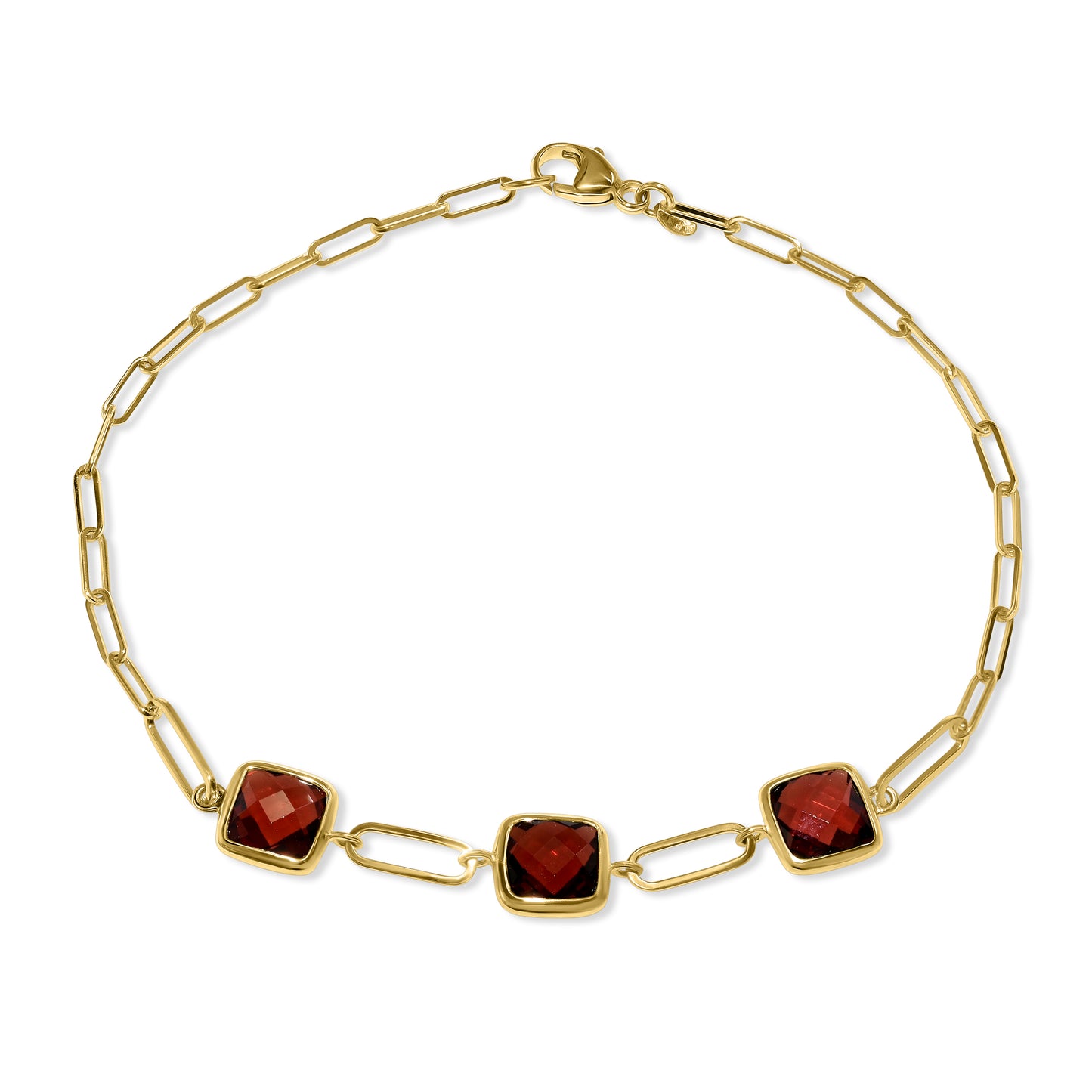 14k Garnet 3 Square Bezel Paperclip Bracelet