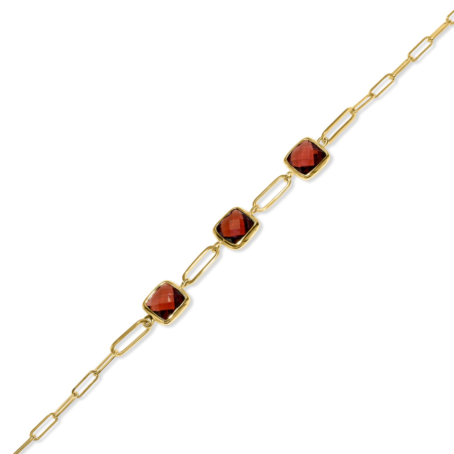 14k Garnet 3 Square Bezel Paperclip Bracelet