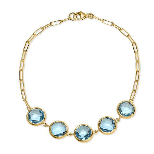14k Swiss Blue Topaz 5 Round Bezel Paperclip Bracelet