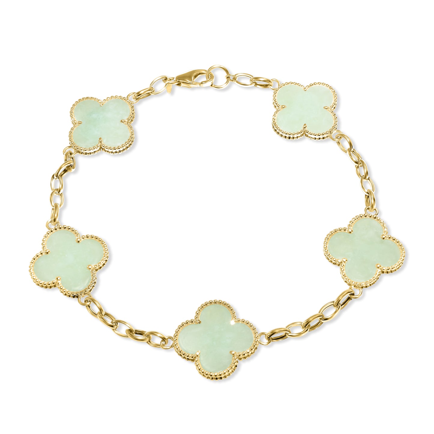 14k Natural Jade Clover 5 Station Bracelet